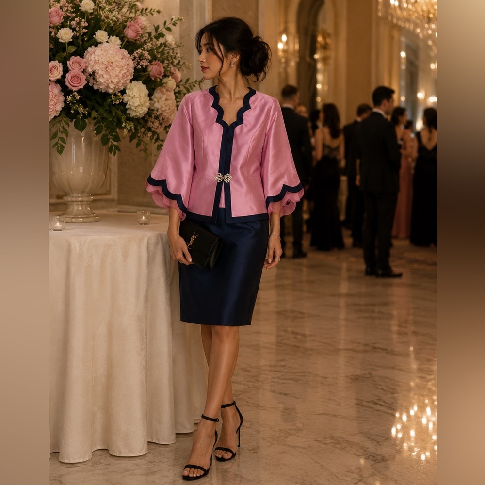 GMI 2-piece skirt suit pink jacket/navy scalloped trim church‎ formal wedding 10